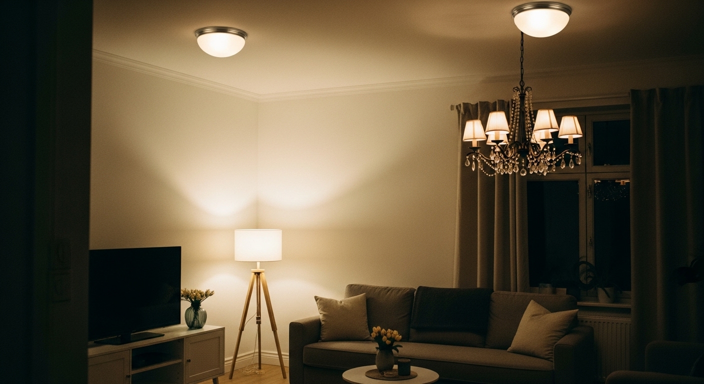 A stylish living room featuring a central chandelier and ceiling flush mounts providing soft ambient lighting.