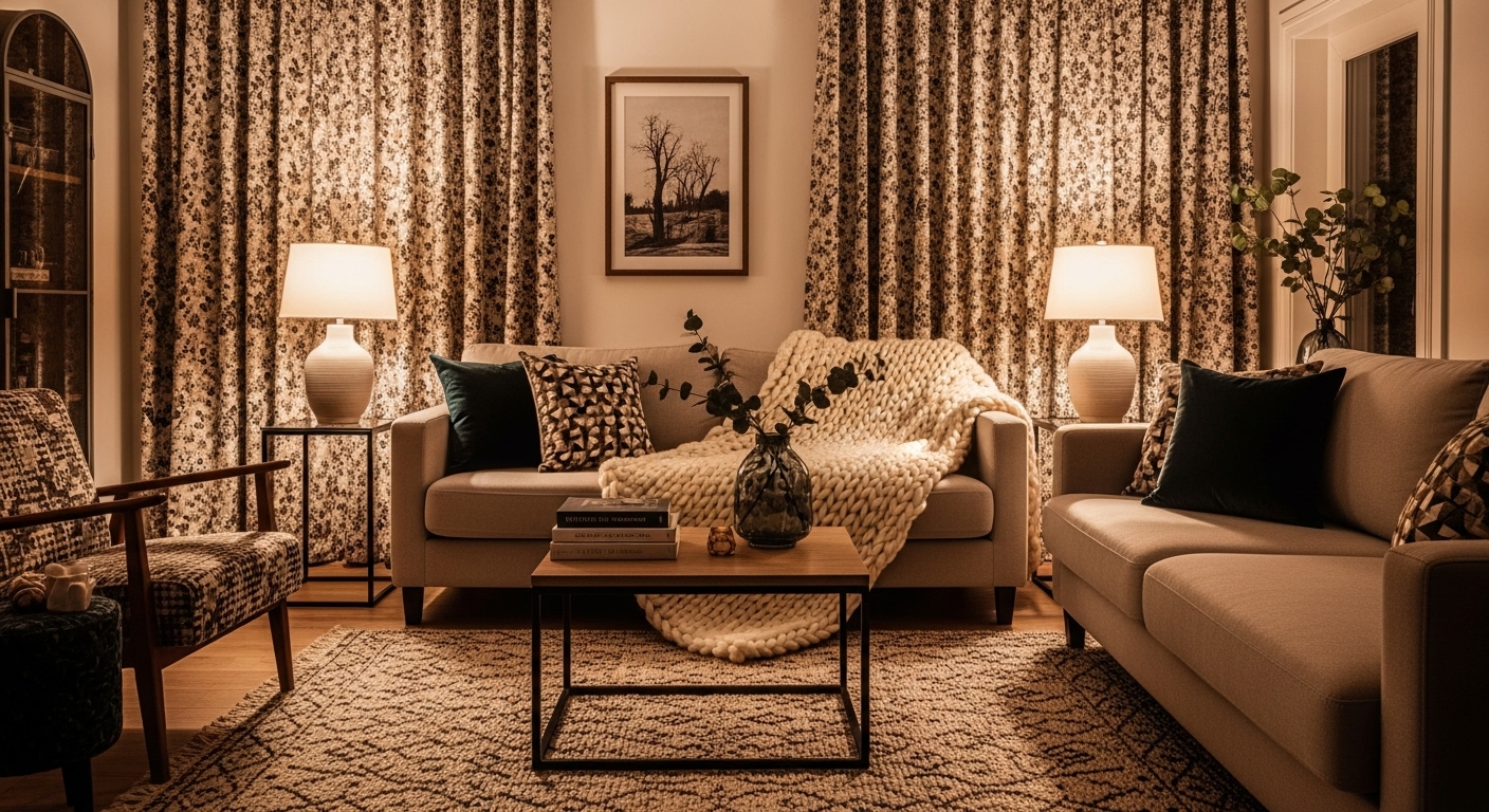 Textile-rich living room featuring layered fabrics like rugs and throws to add depth and comfort to a narrow space.

