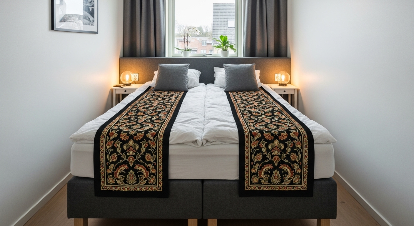 Bedroom with matching carpet runners on both sides of a queen bed, perfect for narrow spaces.