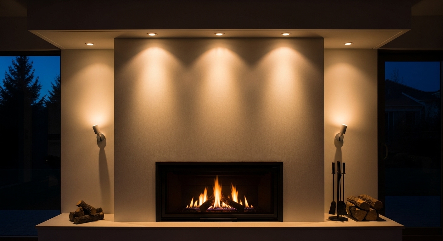 Fireplace with ambient lighting including recessed lights and wall spotlights
