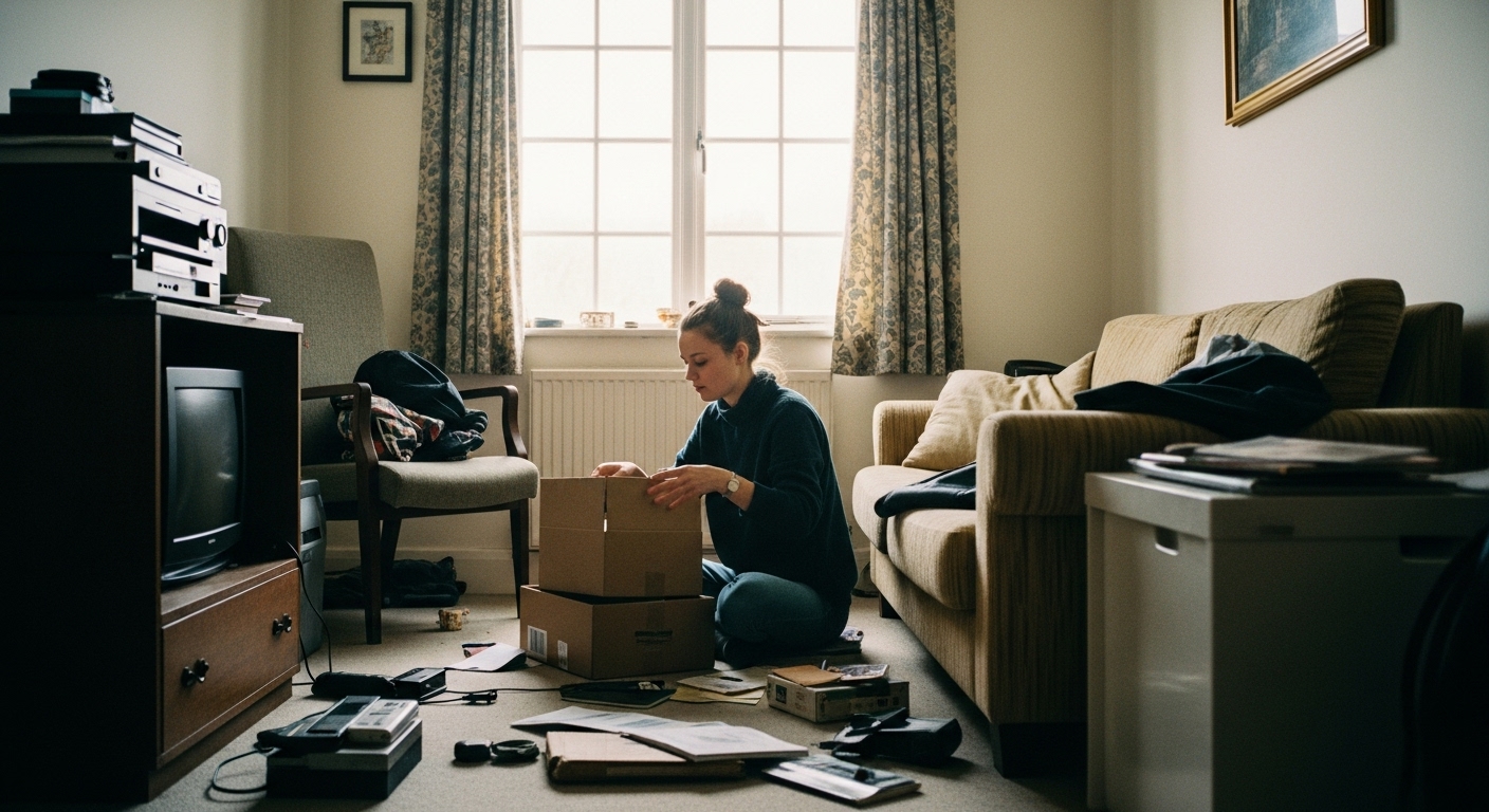 A cluttered living room being cleaned and organized, symbolizing removing unnecessary items for a minimalist home