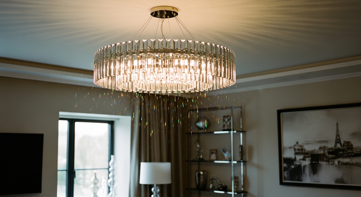 A sparkling crystal chandelier casting rainbow reflections in a chic, upscale living room with art-inspired decor.