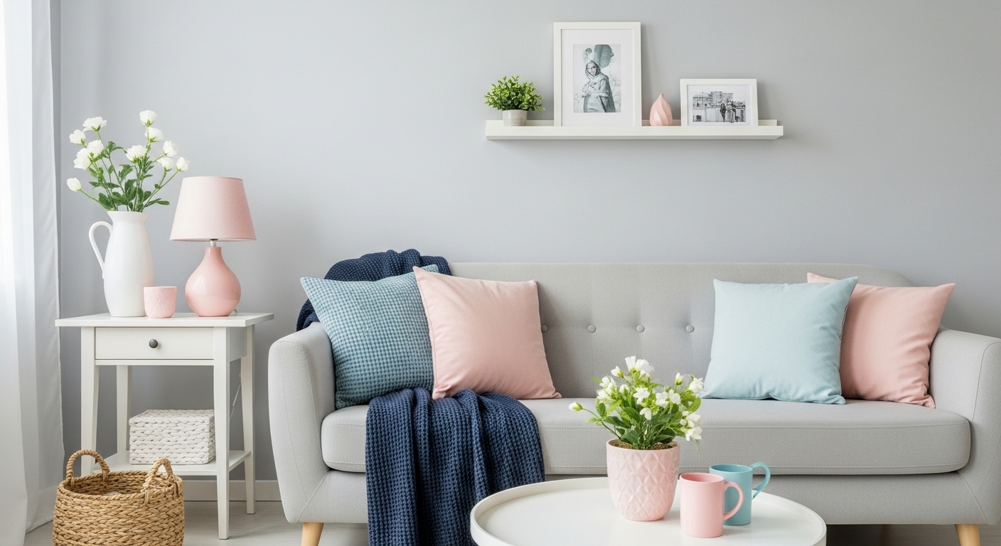 Stylish living room with light grey base and pastel accents like blush pink and soft blue, modern farmhouse feel