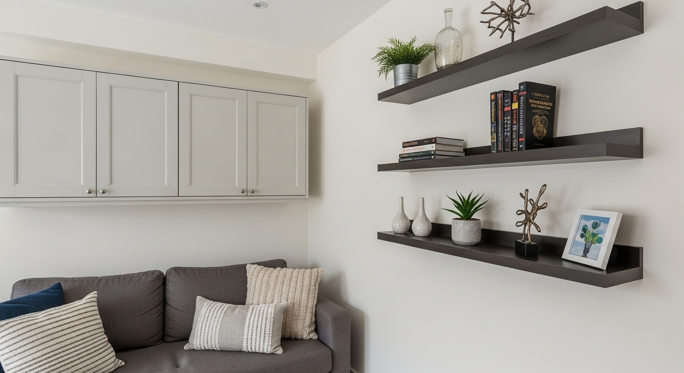 Space-efficient living room featuring built-in shelves and overhead storage that maximizes wall usage in a compact layout.

