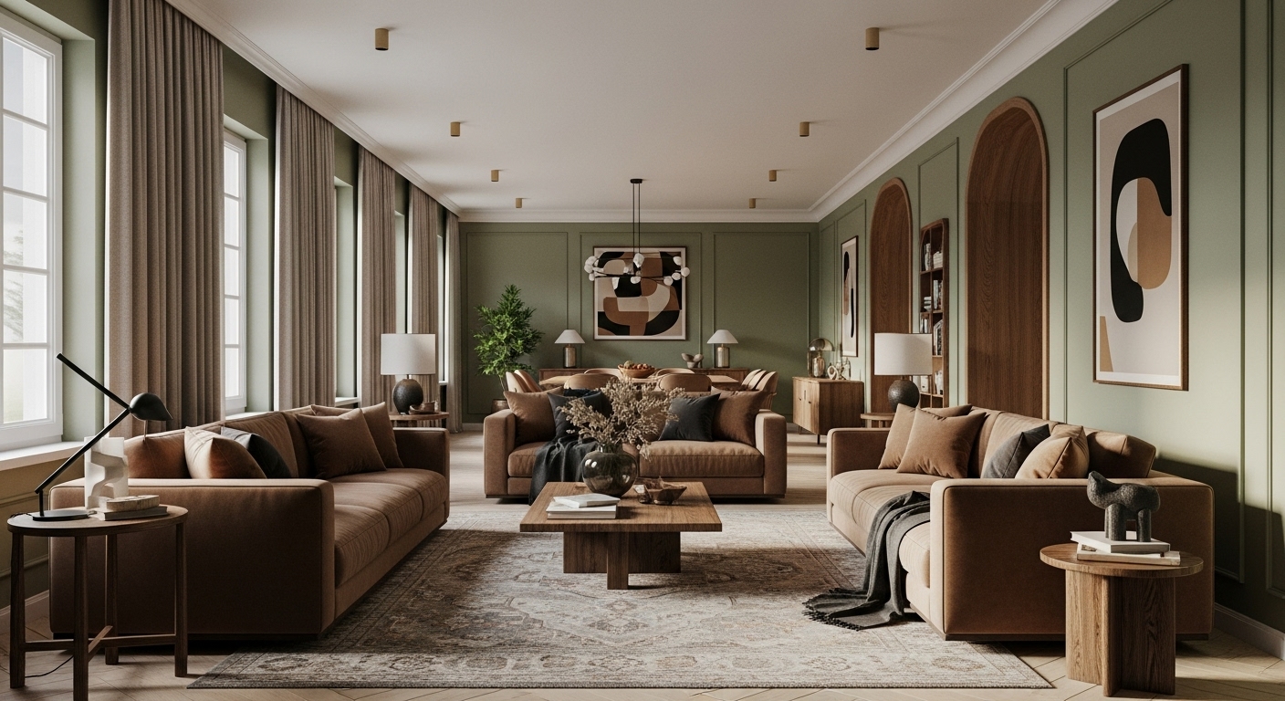 Stylish narrow living room showcasing a cohesive color scheme to visually connect spaces and enhance room continuity.