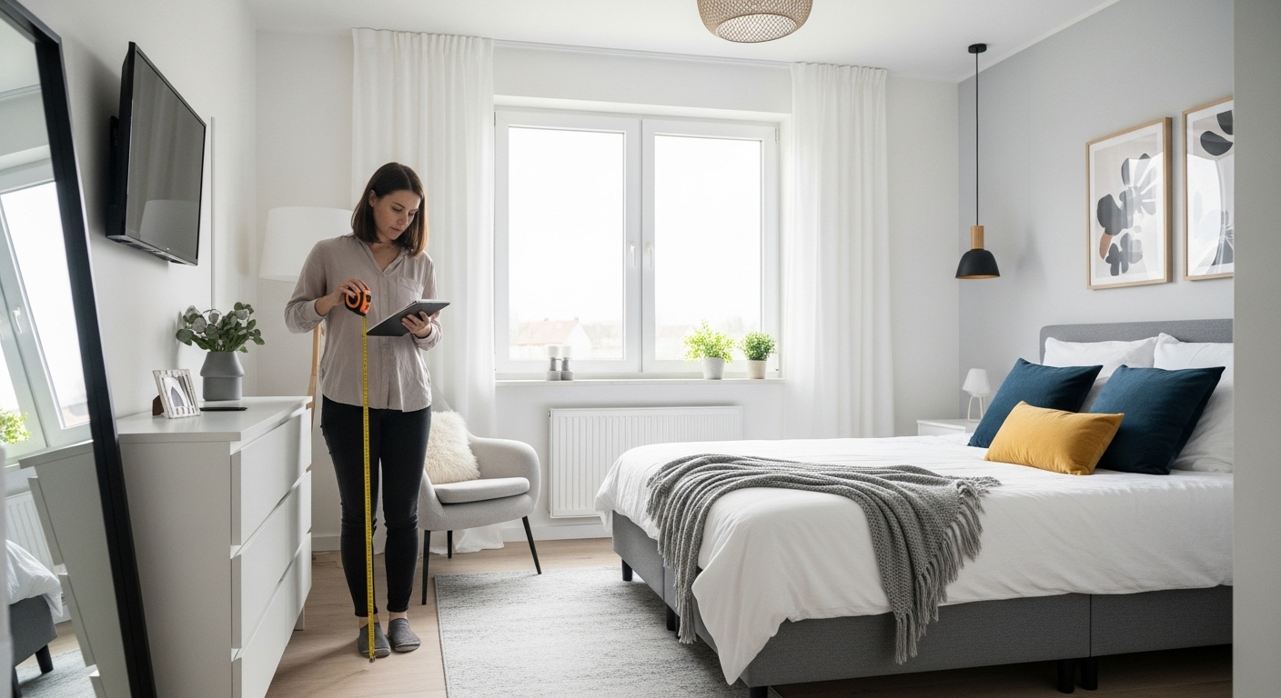 A woman evaluating room dimensions with a tape measure and notebook, planning bedroom decor
