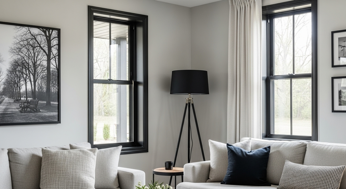 Bold and bright modern farmhouse living room with a contrast of light grey and black decor