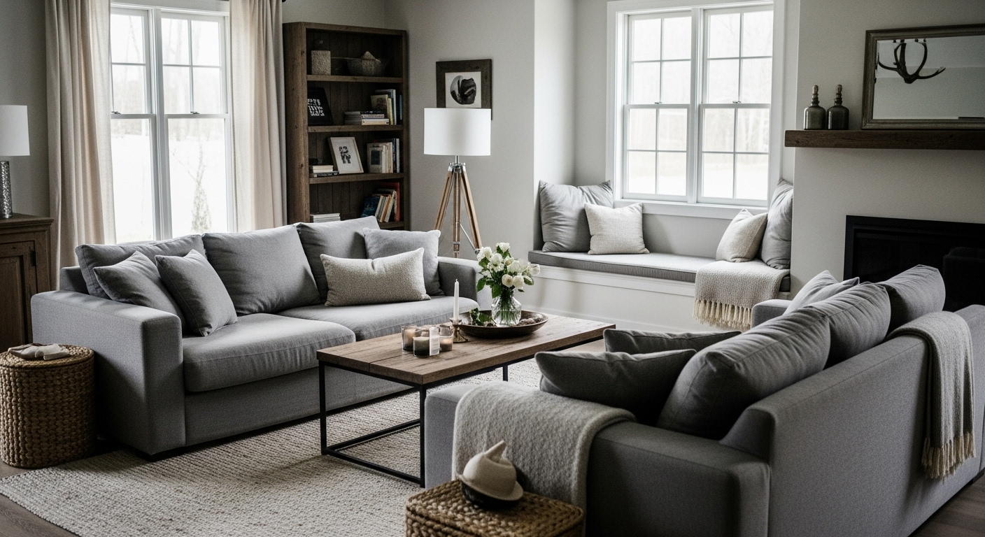 Plush chairs and sofas in a rustic farmhouse living room, arranged for comfort and conversation, with neutral tones and rustic charm.
