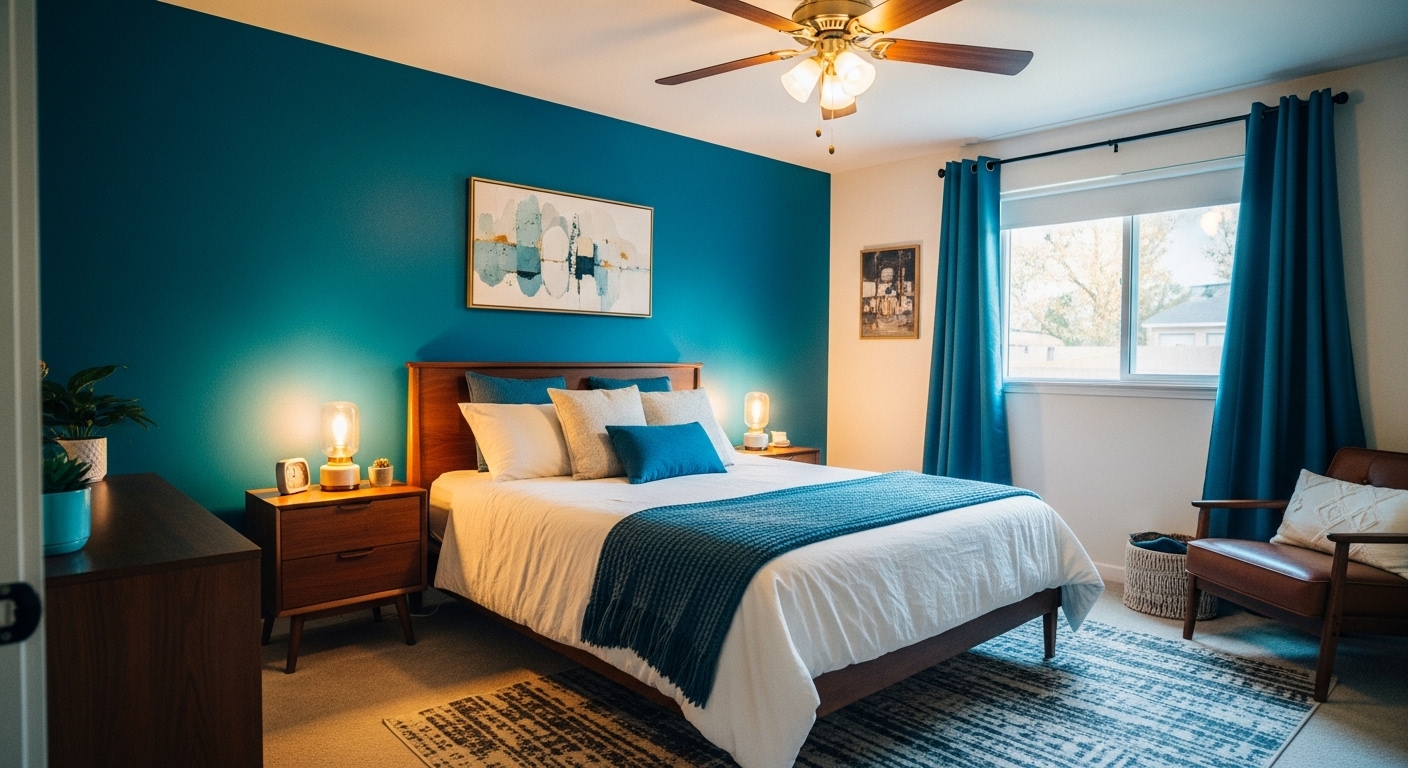 Master bedroom with a rich teal blue wall creating contrast and vibrancy, paired with cozy and modern furnishings