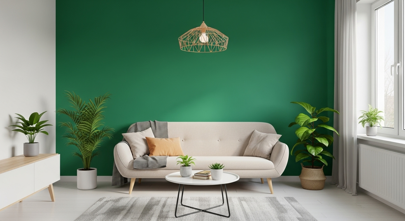 Room with a deep green accent wall as a focal point, styled with modern minimalist furniture in a bright space