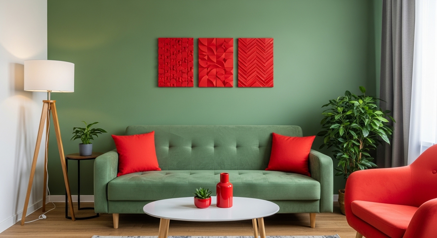 Living room decorated with complementary colors, showing red accent cushions and green wall paint for bold contrast in interior design