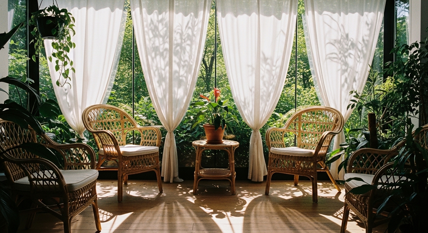 Bright summer-inspired living room with natural wicker furniture, houseplants, and sheer voile curtains bringing the outdoors inside.

