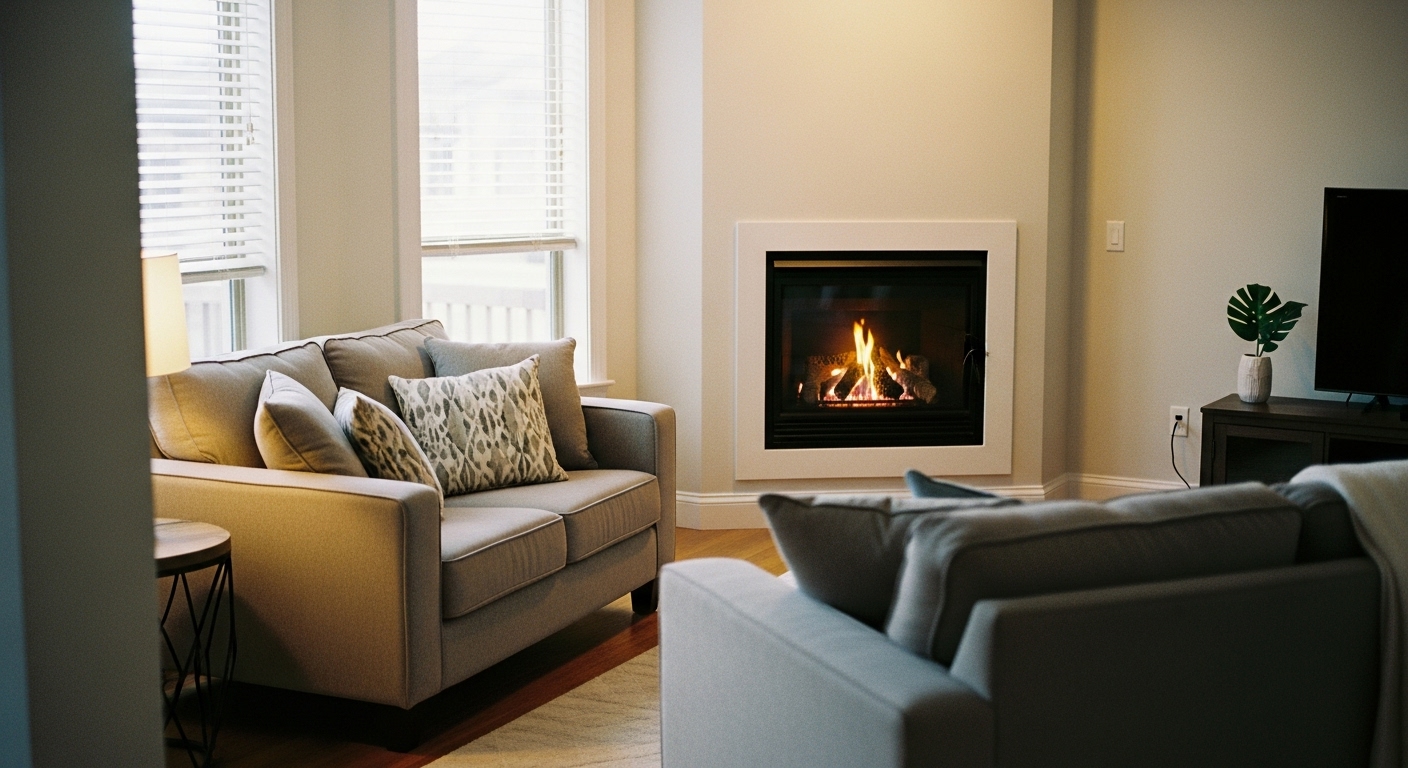 Angled sofa arrangement facing a lit corner fireplace, creating a cozy living room atmosphere