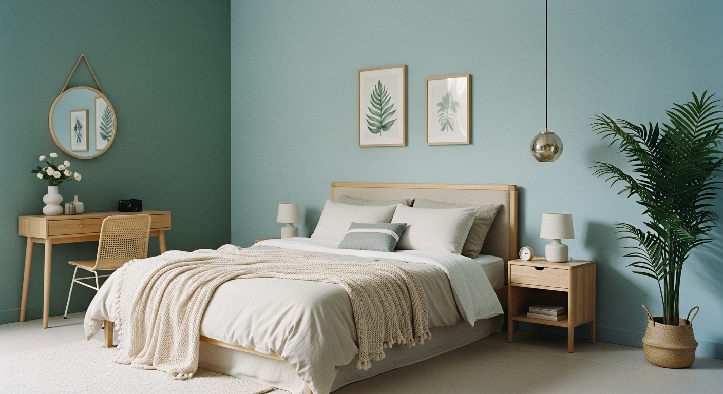 Soft pastel-toned bedroom with sea and sky-inspired colors, featuring green walls and beige bedding to create a calming ambiance.