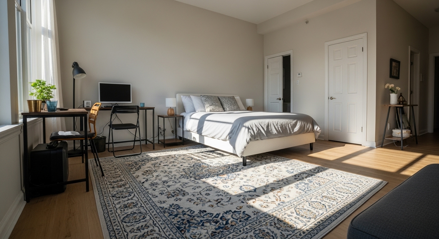 Interior of a studio apartment where a queen-size bed sits on a rug that defines the sleeping area from the rest of the space.

