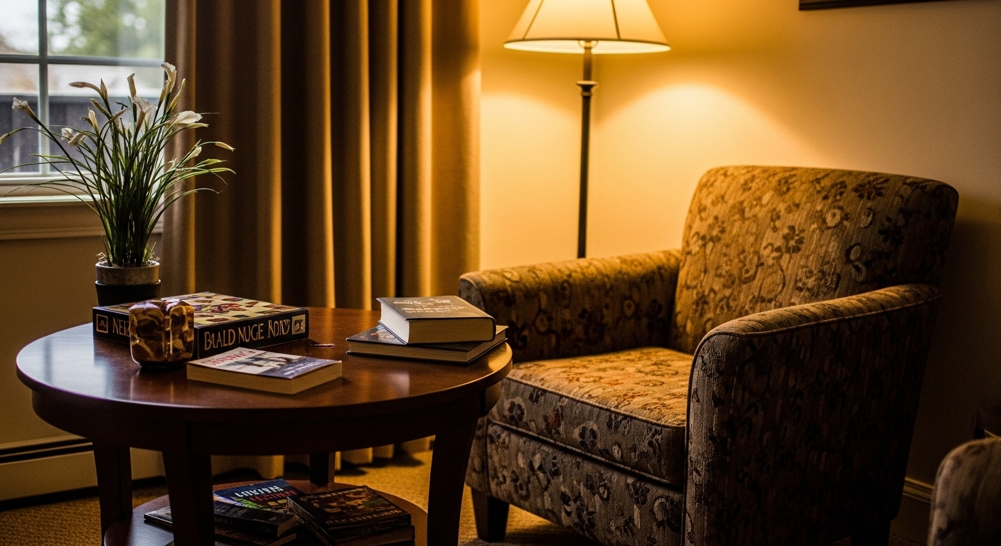 A cozy furniture setup with chairs and a board game table for reading and socializing