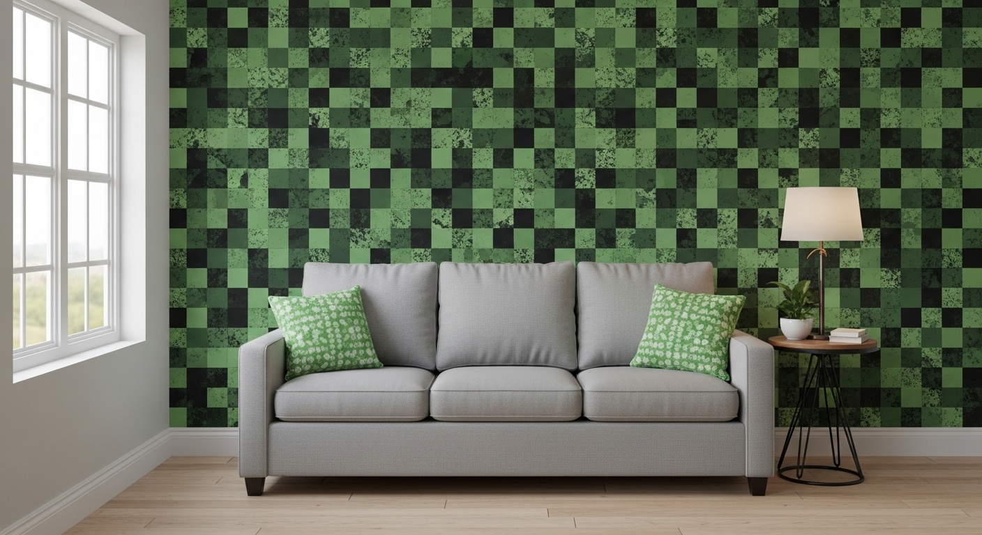 A feature wall with pixelated green and black graphic patterned wallpaper, adding an artistic vibe to the room.