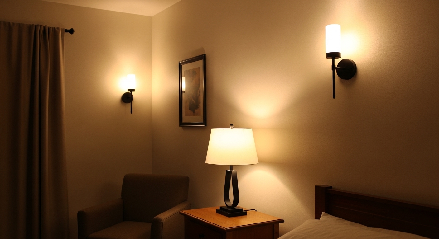 A cozy interior room lit by soft ambient lighting, directional task lights, and a small lamp, demonstrating the concept of layered lighting.