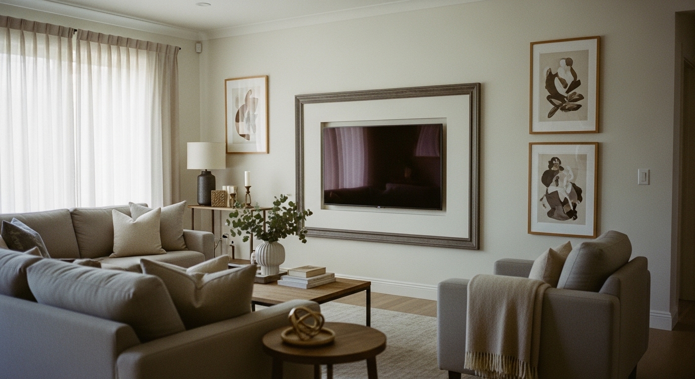 TV framed as wall art in a tastefully decorated living room matching the overall design theme.