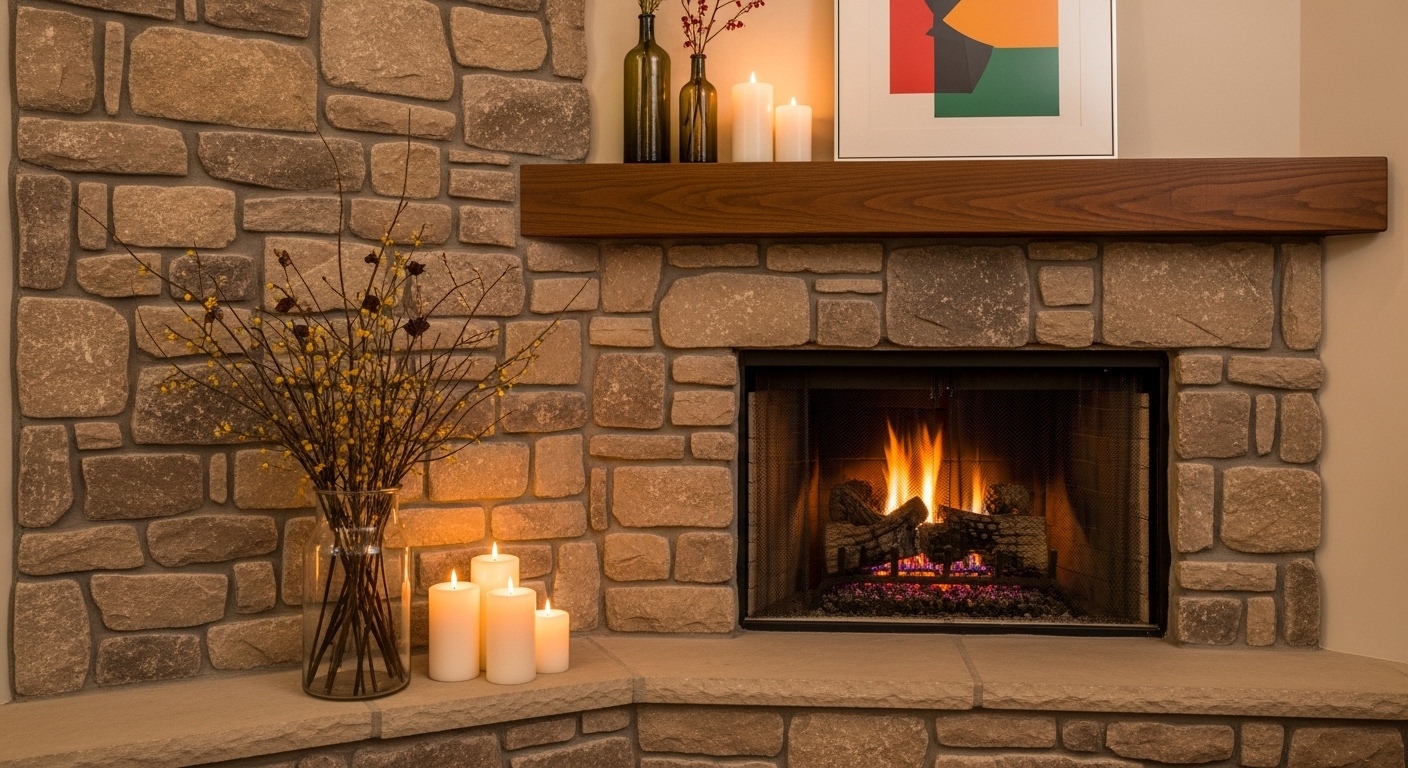 Mantel above a corner fireplace decorated with candles, vases, and framed art