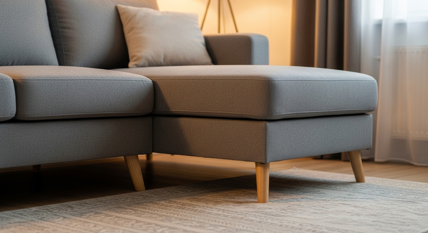 Sectional sofa with only front legs placed on a medium rug, ideal for space-saving layouts.

