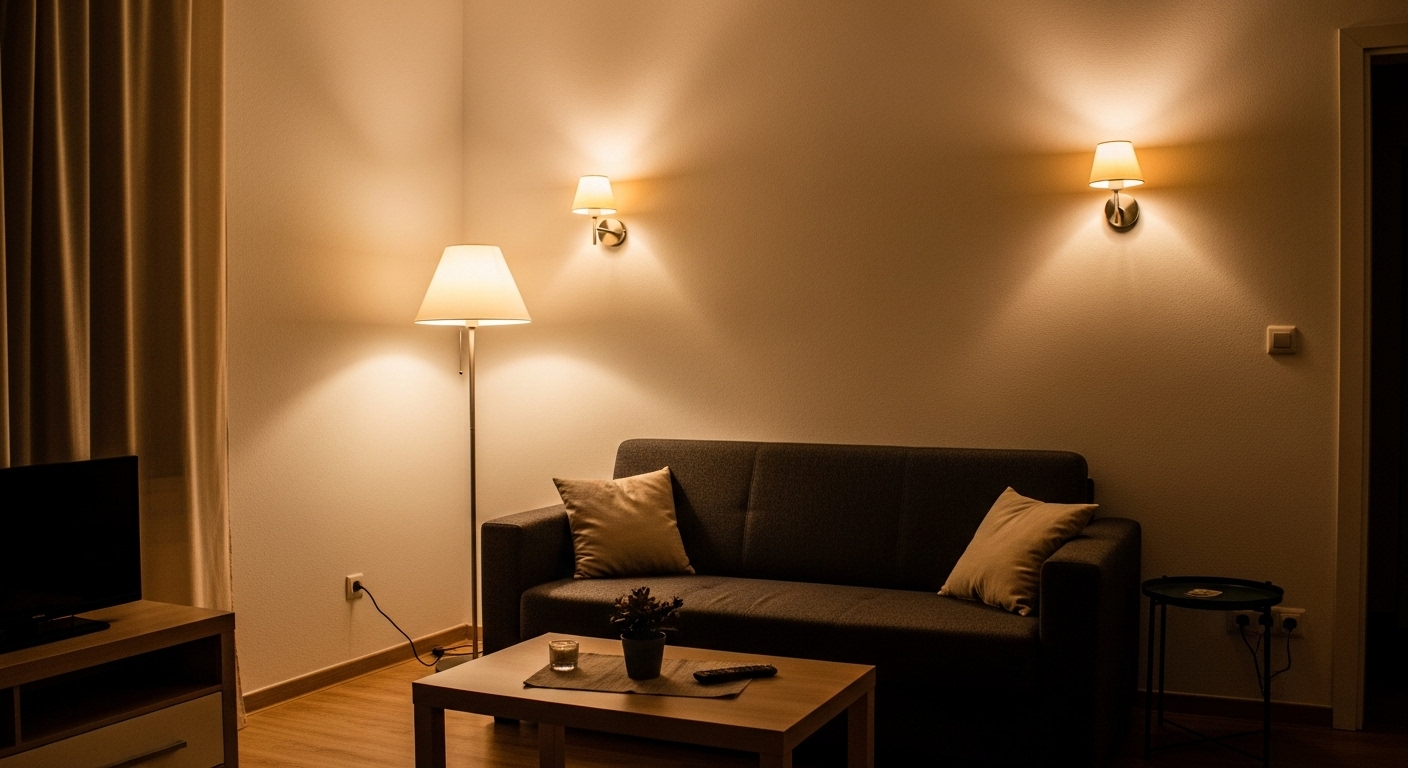 A small room with wall sconces and floor lamps replacing overhead lighting to create a balanced and inviting atmosphere.