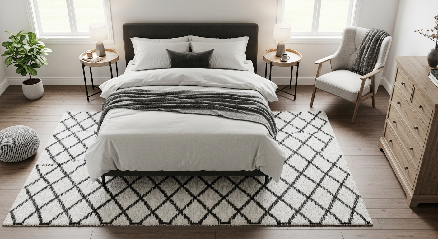 Room layout showcasing strategic furniture placement with a rug beneath the queen bed.