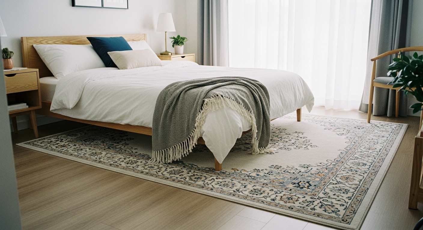 Modern bedroom featuring an 8x10 rug placed under a queen-size bed with visible edges around the foot and sides.