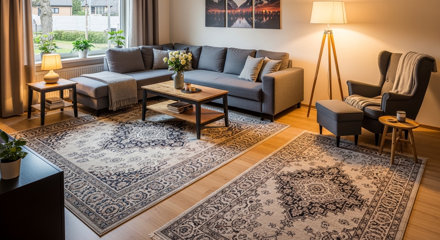 L-shaped living room with two separate rugs dividing the main seating area and a reading nook.