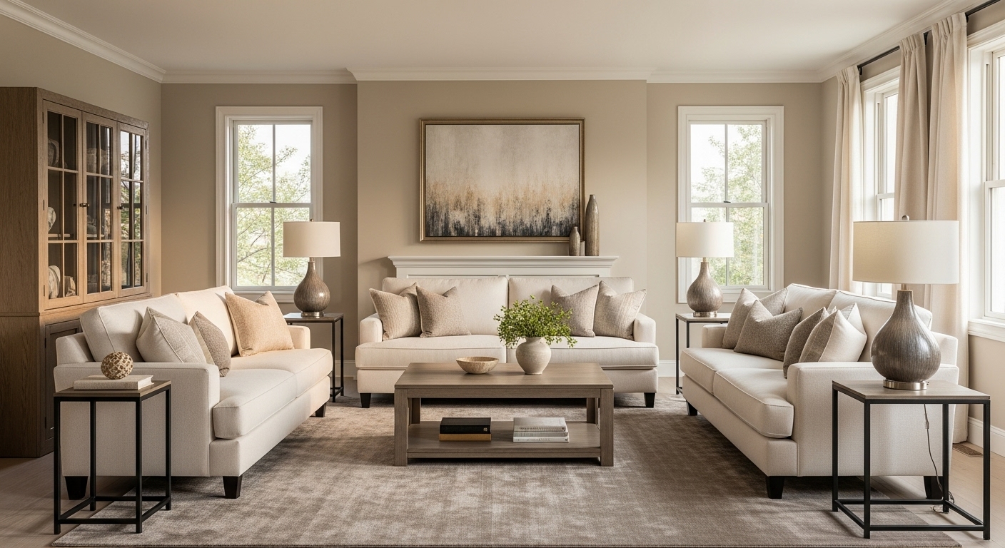 A warm neutral-toned living room that harmoniously blends traditional and modern decor elements using beige and cream hues.