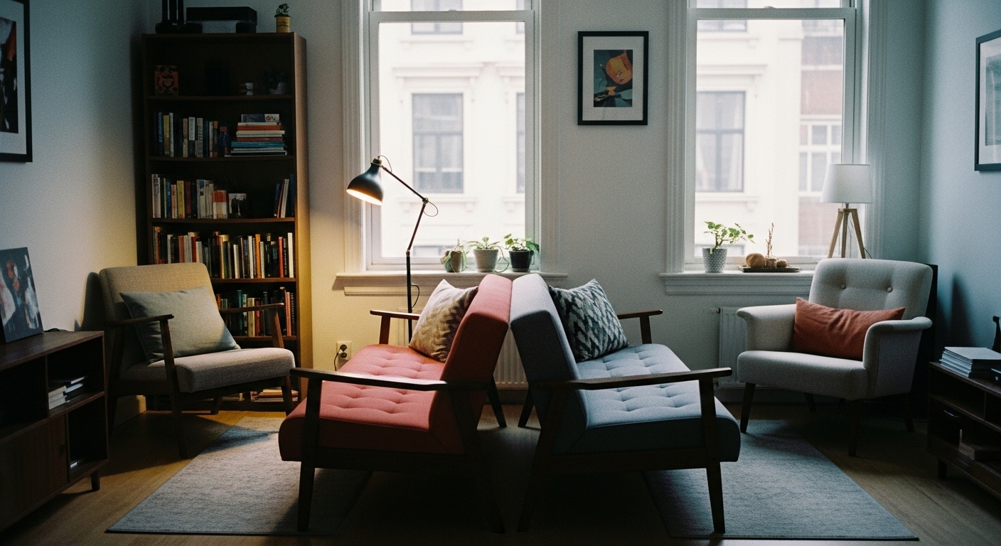 Modern living room with two sofas dividing the space into a chat area and a cozy reading nook – perfect for small apartment design
