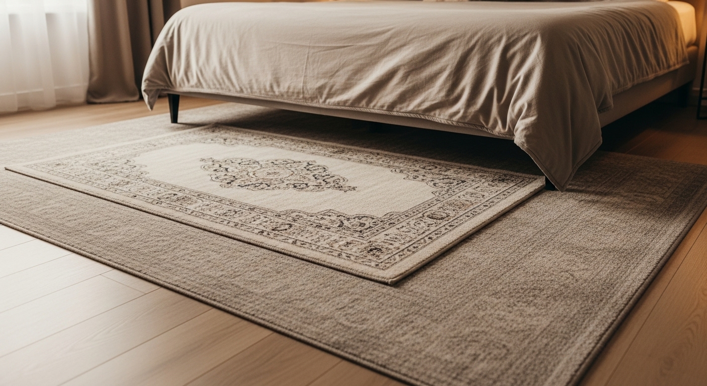 Stylish bedroom with a smaller patterned rug layered over a large neutral base rug under a queen bed
