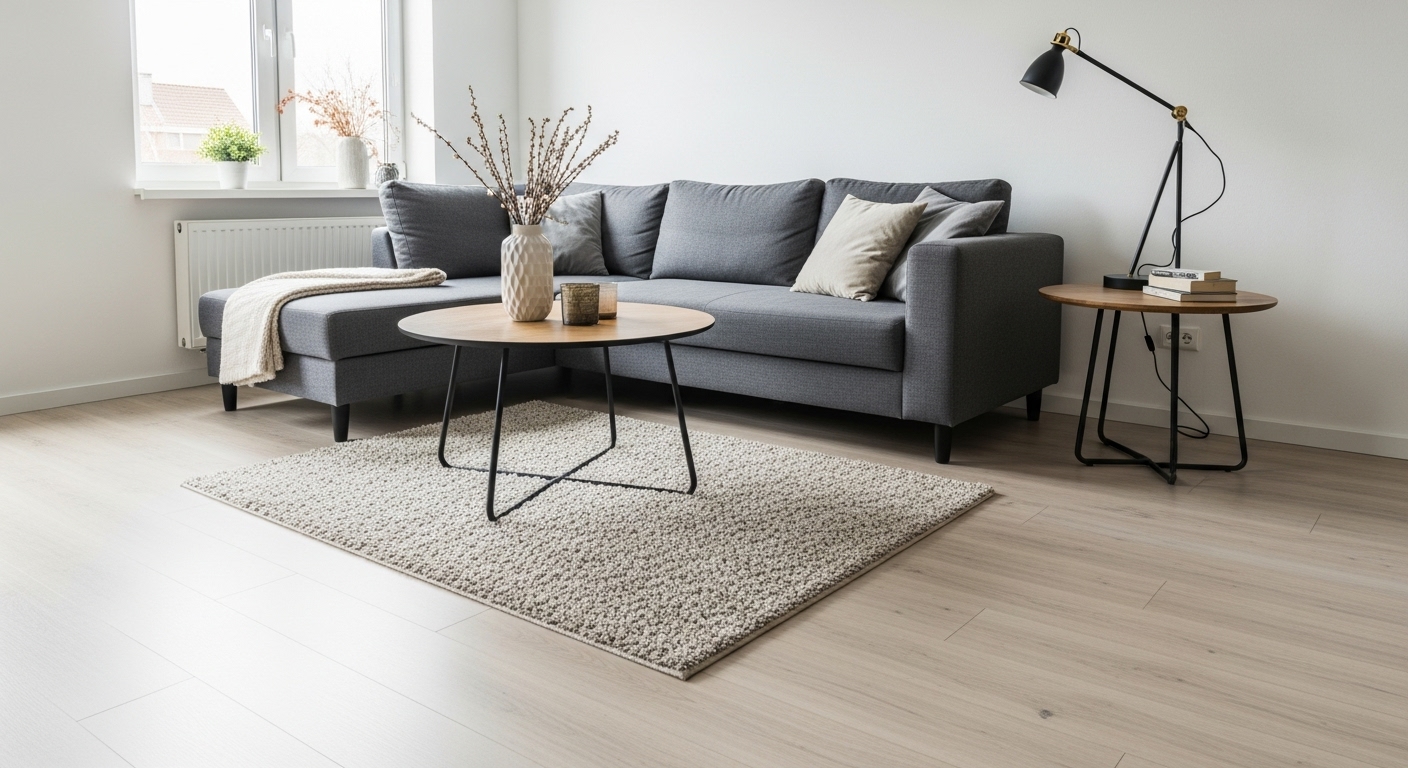 Modern living room featuring a small rug “floating” in front of the sectional, perfect for open floor plans.

