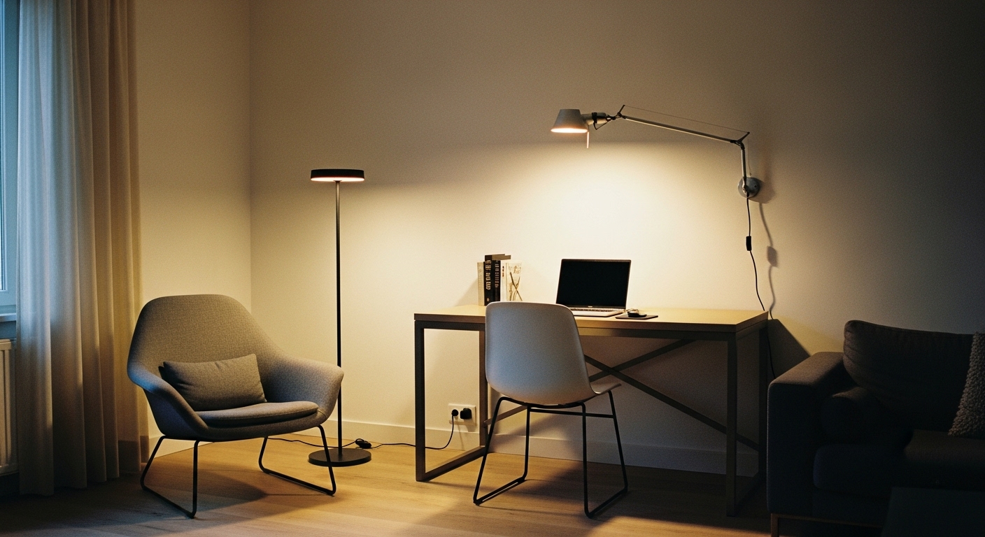 A contemporary living room showing task lighting with a floor lamp beside a reading chair and an adjustable sconce above a work desk.