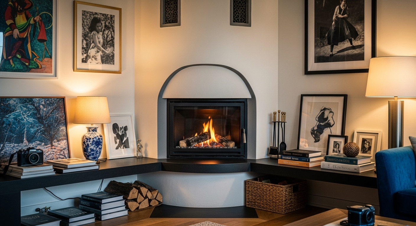 Modern living room interior with a striking corner fireplace as the main focal point, surrounded by art and decor reflecting personal style.

