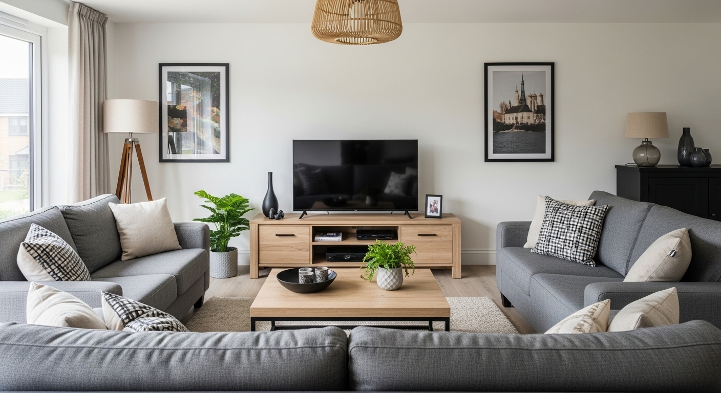 A well-organized living room layout with a TV, coffee table, and sofa arranged for social interaction and entertainment