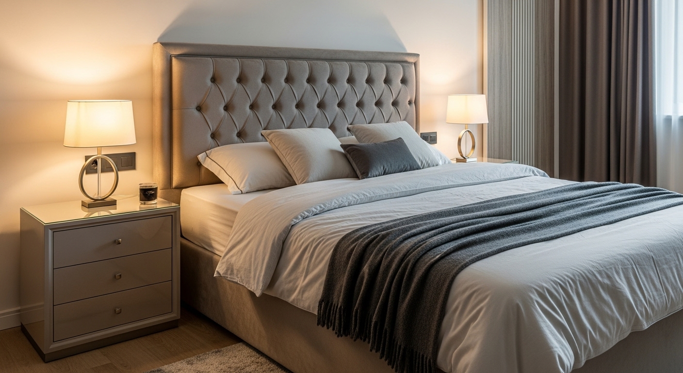 Modern bed with an upholstered headboard centered in a stylish bedroom with coordinated furniture and soft lighting.