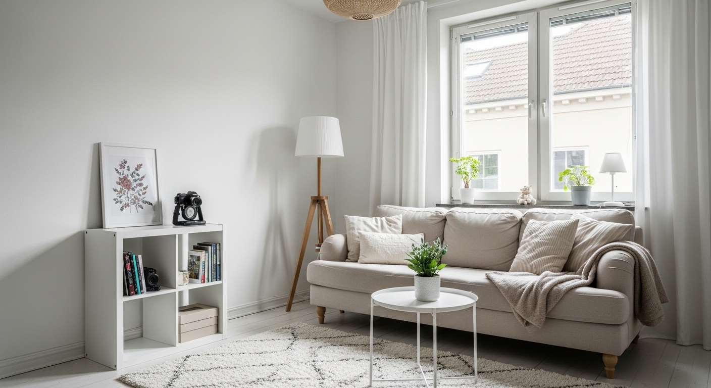 Bright small living room with white and beige tones, using light neutral colors to create a spacious look

