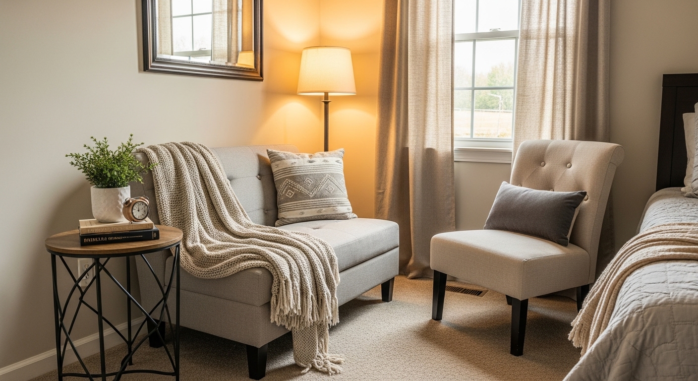 Dream bedroom with a small loveseat and reading chair near a window, perfect for relaxing or reading.