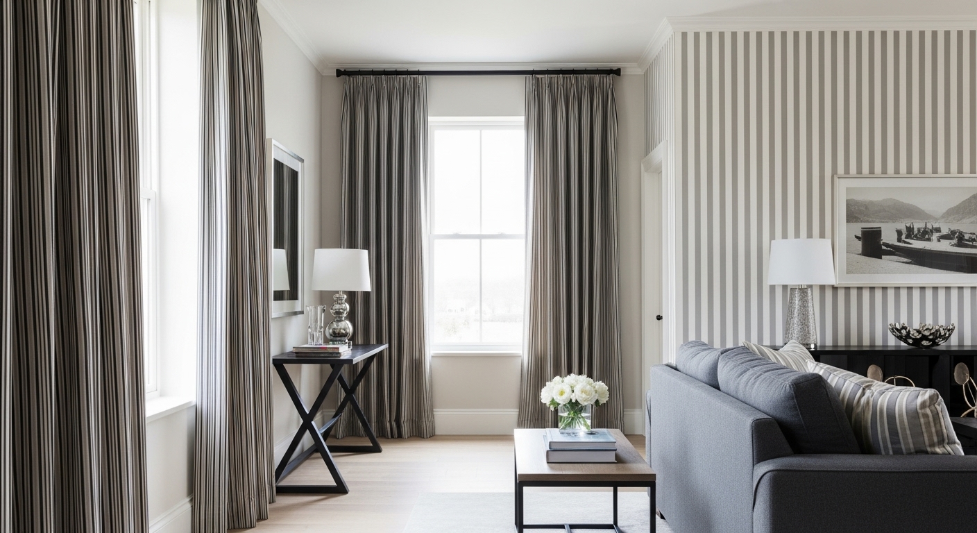 Curtains and walls with vertical stripes to enhance room height perception.