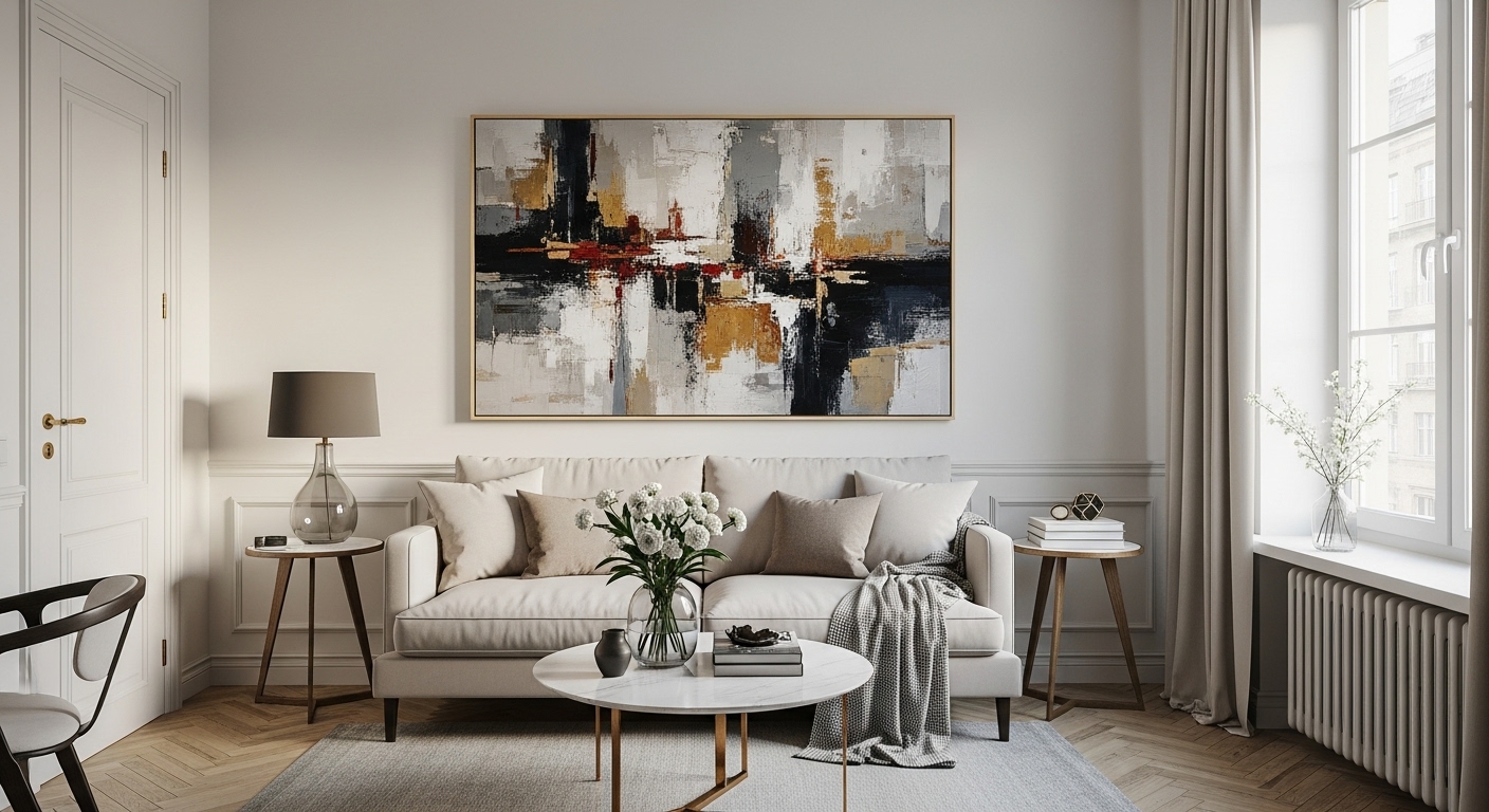 A stylish small apartment room featuring a large abstract art piece above a neutral sofa, creating an illusion of space and openness.

