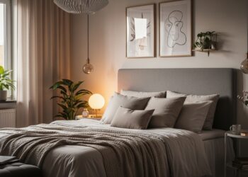 Cozy dream bedroom with neutral tones, plush bedding, indoor plants, and ambient lighting designed for relaxation and better sleep