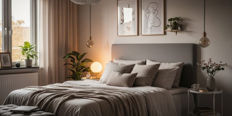 Cozy dream bedroom with neutral tones, plush bedding, indoor plants, and ambient lighting designed for relaxation and better sleep