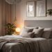 Cozy dream bedroom with neutral tones, plush bedding, indoor plants, and ambient lighting designed for relaxation and better sleep