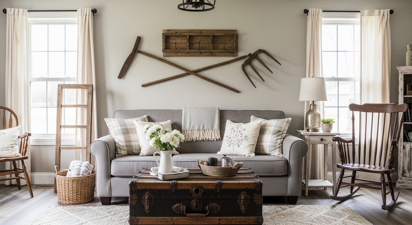 Antique decor like an upcycled trunk and vintage farm tools in a grey rustic farmhouse living room, adding character and uniqueness.