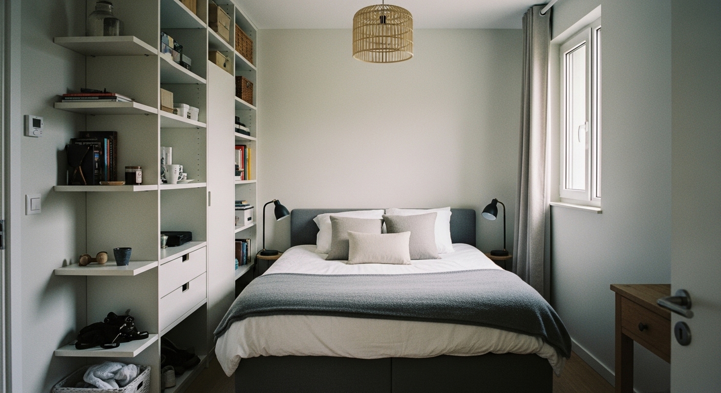Smart bedroom layout maximizing space with a central bed, tall shelving, and compact furniture in a cozy home.