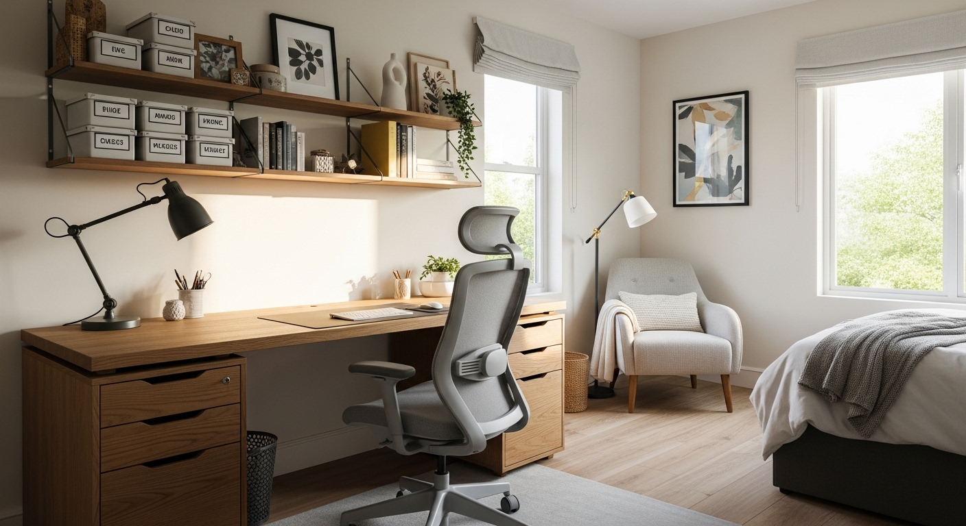 A stylish home office in a converted bedroom with a wide desk, ergonomic chair, natural light from a window, and well-organized shelves.