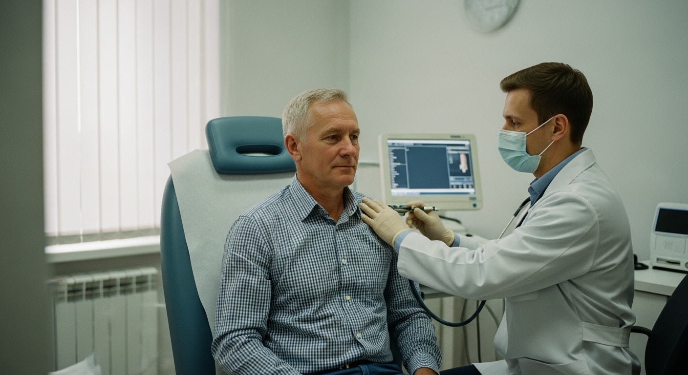 A professional cardiologist conducting a heart check-up using modern diagnostic equipment in a medical clinic.