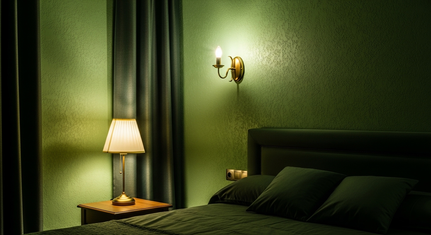Accent lighting highlights a stylish green bedroom with soft shadows and modern light fixtures.

