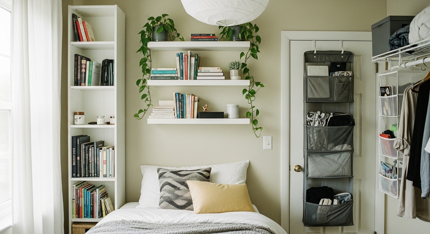 A small modern bedroom featuring tall white bookshelves, wall-mounted shelves, and over-the-door organizers maximizing vertical space and clearing the floor.